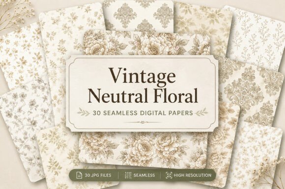 Download Vintage Neutral Floral Digital Paper - Neutral Collection