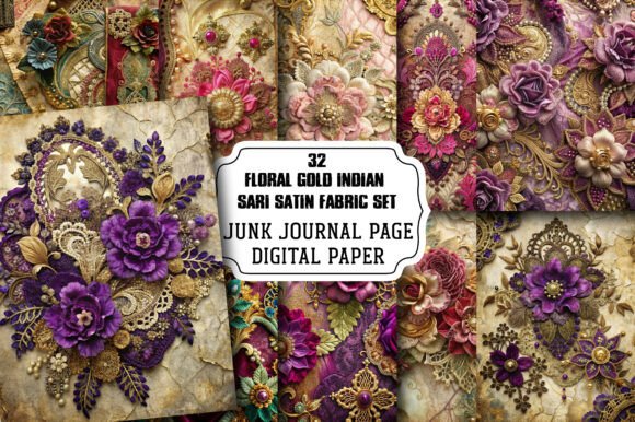 Download Floral Gold Indian Sari Satin Fabric Set - Premium Resources